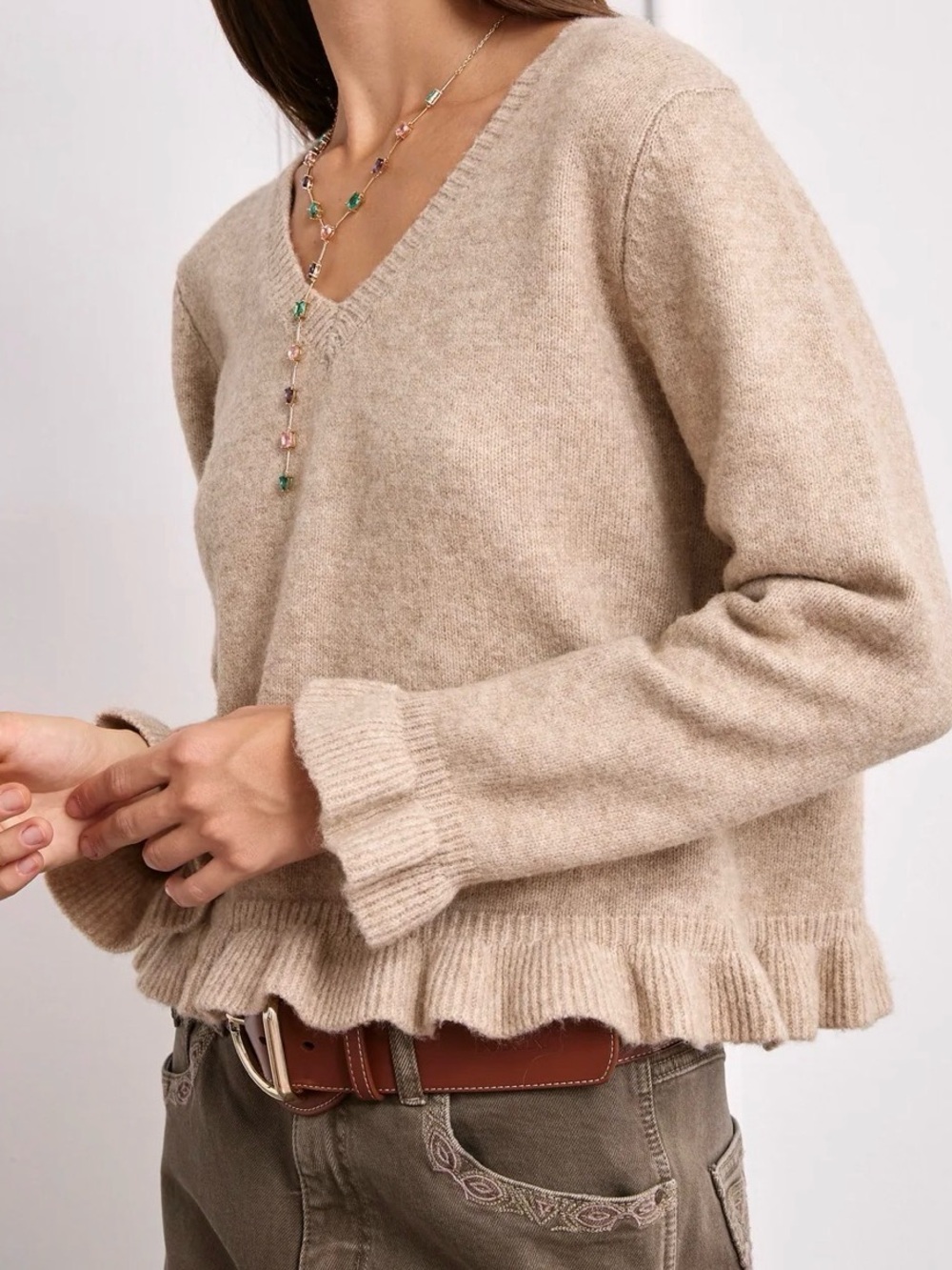 Nud by Nekane Wool Frill Jumper-V-Neck Ruffle Hem Women's Sweater -NWT -Size M/L